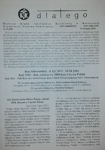 Dlatego. Biuletyn Klubu Inteligencji Katolickiej w Katowicach Organizacji Pożytku Publicznego nr 8/15 sierpnia 2016 - praca zbiorowa